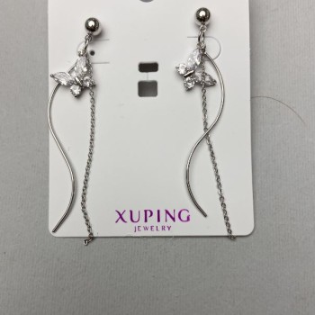 Xuping Earrings with White Crystals, 67mm Length, Rhodium