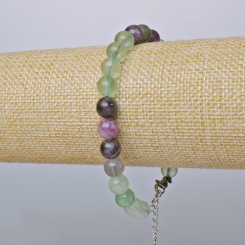 Fluorite Bracelet with Smooth Beads, 8 mm Diameter, Adjustable Length 19–24 cm, Silver Clasp