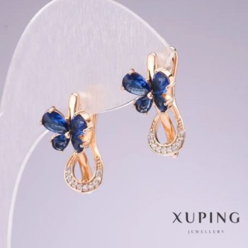 Xuping 18K Gold Plated Earrings with Blue Stones and White Rhinestones, 20x11mm