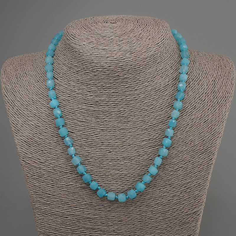 Aquamarine Bead Necklace - Faceted Cube, 6mm Diameter, 50cm Length with Clasp