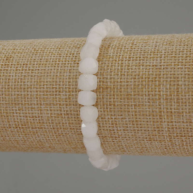 White Quartz Bracelet with Faceted Cube Beads, 6mm Diameter, 18 cm Length, Elastic
