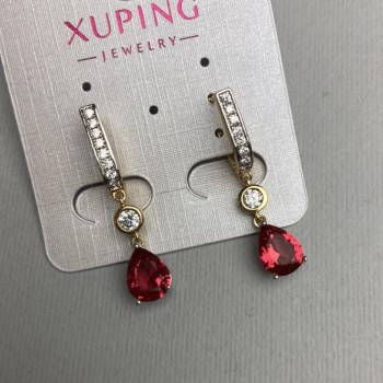 Xuping Earrings with 18K Gold Plating and Rhodium, with Red Crystal and White Rhinestones, Length 33mm+