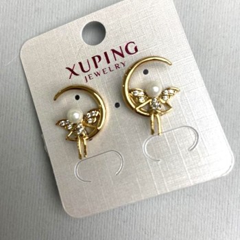 Xuping Earrings with White Crystals and Pearl, Diameter 4mm ±, Length 14×20mm ±, 18K Gold Plating