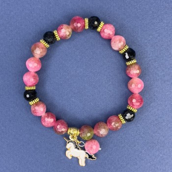 Tourmaline Bead Bracelet, 8 mm diameter ±, Czech Crystal Bead, 7 mm diameter ±, length 18 cm ±, stretch bracelet