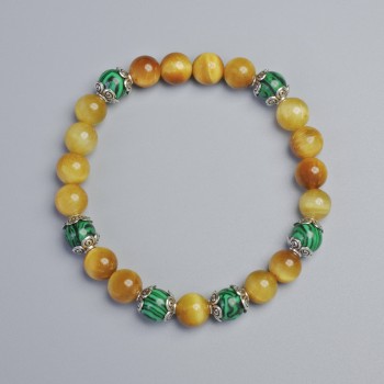 Bracelet Cat's Eye and Malachite, smooth round beads, diameter 8 mm ± (stretch), length 18 cm ± with metal inserts