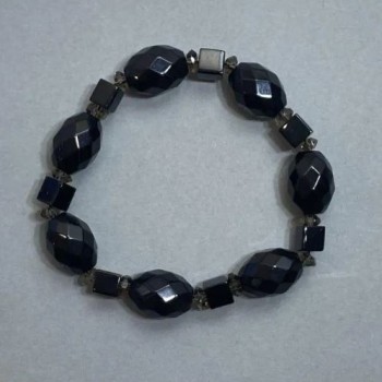 Stretch bracelet with imitation agate cube beads 6mm, faceted beads 16x12mm, smoky quartz rondelles 6x3mm, length 18 cm