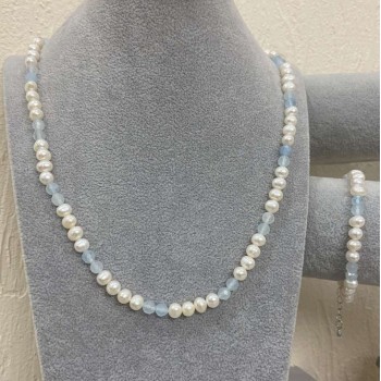 Necklace and Bracelet Set, Round River Pearls, diameter 6.5×6 mm ±; Aquamarine Faceted Bead, diameter 5 mm ±; Length 55 cm ±; Pendant length 18 mm ±; with pendant