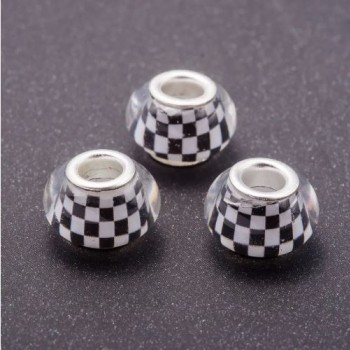 Pandora bead white checkerboard plastic, 13mm diameter, 5mm hole, pack 11 pcs