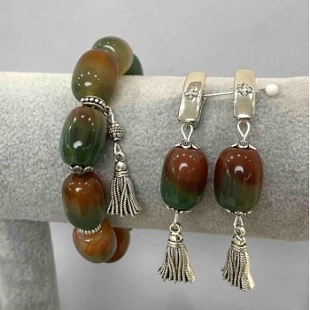 Bracelet and Earrings Set — Brazilian Agate, Tumbled, 18x13 mm ±, with Metal Inlays; Bracelet Length 18 cm ±, Elastic