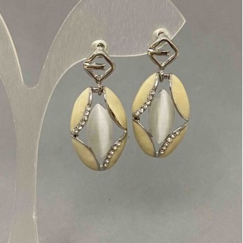 Stud Earrings with White Crystal and White Rhinestones, 15 mm diameter, 33 mm length
