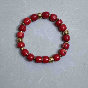 Faceted Coral Bracelet, diameter 7-8×9 mm ±, Faceted Hematite Rondelles 4×3.5 mm ±, with metal inserts, length 18 cm (stretch)