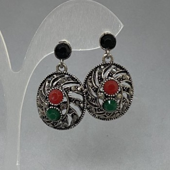 Stud Earrings 'Miroslava' with green, black and red crystals and white rhinestones, diameter 20 mm ±, length 33 mm ±
