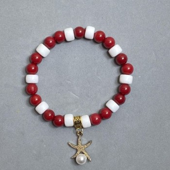 Artificial Coral Bracelet with Rondelle Beads 8x6 mm and Bead 7.5 mm, 18 cm Long, Stretch, with Metal Insert