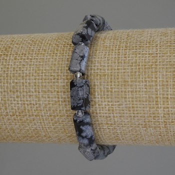 Snowy Obsidian Bracelet 'Apache Tears' Faceted Cut, 12×7 mm, 3 mm Beads, Length 18 cm, Stretch