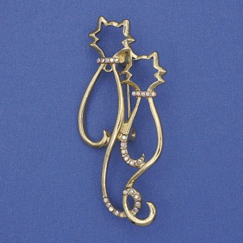Cats Brooch with Rainbow Crystals, Matte Gold Finish, Metal 58x26mm+