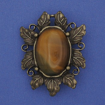 Tiger's Eye Brooch Pendant, Bronze Metal Color, 36x45mm+