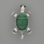 Turtle Malachite Brooch-Pendant, 52x35 mm, with Moving Parts, Silver-Colored Metal