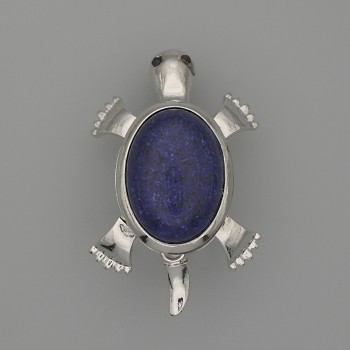 Brooch-Pendant Turtle Azurite 52 x 35 mm ± Movable Parts, Silver-Toned Metal