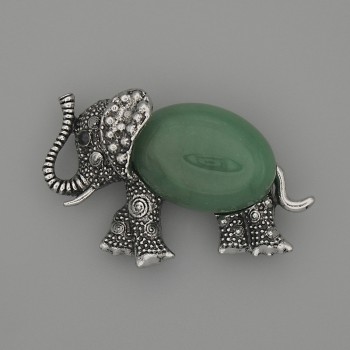 Elephant Jade Brooch Pendant, 45x27mm ± Black Crystals, Silvery Metal