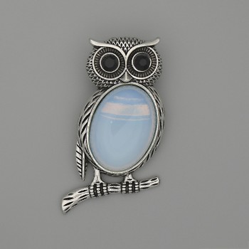 Owl Brooch-Pendant with Moonstone 45x25 mm ± Black Marcasites, Silver-Tone Metal