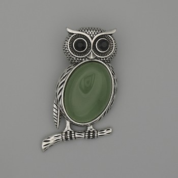 Owl Jade Brooch-Pendant 45×25 mm ± black rhinestones, silver-tone metal