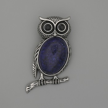 Owl Brooch-Pendant with Azurite, 45x25 mm ± Black Rhinestones, Silver-Tone Metal