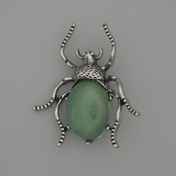 Beetle nephrite brooch-pendant 44x37mm, silver-toned metal