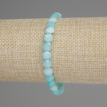 Aquamarine Bracelet with Faceted Coin Beads, 6 mm Diameter, 18 cm Length, Stretch