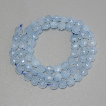 Aquamarine beads, faceted coin-shaped, diameter 6 mm ±, length 38 cm ± on thread