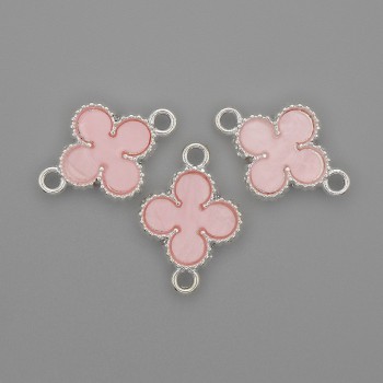 Clover Connector pink color, silver metal 20x14mm +/- pack of 3 pcs