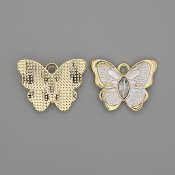 Butterfly Pendant with White Enamel and Crystals, Gold-Tone Metal, 20x15 mm, Pack of 2