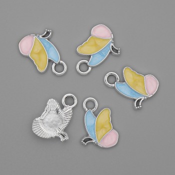 Butterfly Pendant with Colored Enamel on Silver-Tone Metal, diameter 15×11 mm, pack of 5 pcs