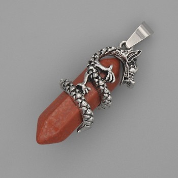 Red Jasper Hexagon Pendant with Dragon Engraving 35x15 mm, Length 44 mm