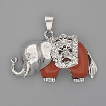 Pendant Elephant Red Jasper 39x34mm +/- Silvery Metal