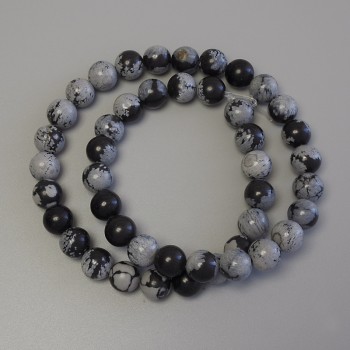 Snowflake Obsidian Beads on Beading Thread - Smooth Round Beads, 8 mm Diameter, 38 cm Length