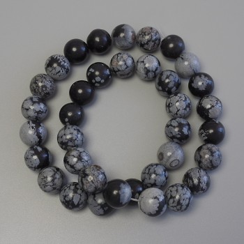 Snowflake Obsidian Beads on Thread, Smooth Round Beads, Diameter 11 mm ±, Length 38 cm ±