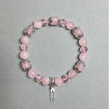 Bracelet with Rose Quartz Beads, 8 mm Diameter, Czech Crystal Rondelles 8x6 mm, with Metal Inserts, Length 18 cm, Stretch