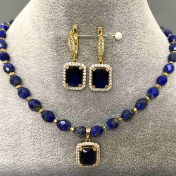 Lapis Lazuli Choker Set with faceted beads 8x6 mm, length 41 cm, with a 5 cm extender chain, earrings 35x13 mm, blue crystal