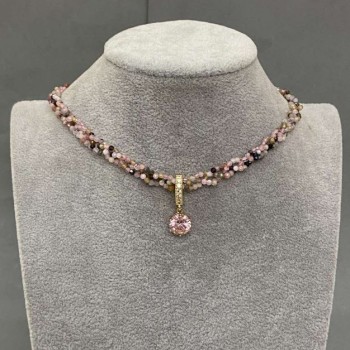 Tourmaline Bead Choker Cord with Faceted Bead 2mm, Width 6.5mm, Length 35mm, Extender Chain 5cm, Pink Crystal Pendant