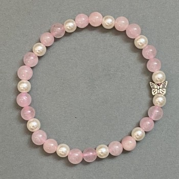 Bracelet Rose Quartz and Imitation Pearls (Imitation) Smooth Beads 6mm +/- with Metal Inlay, Length 18cm +/- Stretch