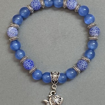 Bracelet with Aquamarine and Frosted Agate 8mm Beads +/- with Metal Inserts, Length 18 cm +/- Stretch