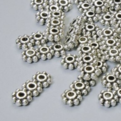 Spacer bead for three strands, size 15x6 mm, 5 mm ±, hole diameter 2 mm, silver metal color, 22 pcs