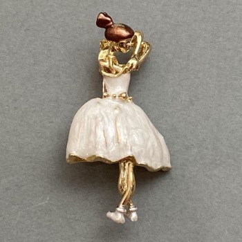 Brooch Ballerina white enamel gold-tone metal 45x24mm+