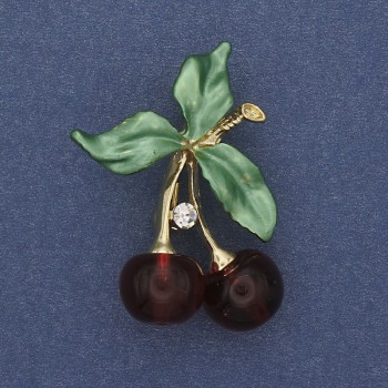 Brooch 'Cherries' with green enamel and white crystals in golden metal, 39x28mm+