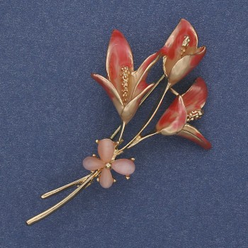 Flower Brooch with Pink Enamel Cat's Eye in Gold-tone Metal 63x35mm+