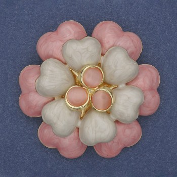 Flower Brooch with pink and beige enamel beads Cat's Eye, gold-tone metal 61mm+