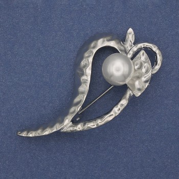 Brooch Accent Leaf with Pearl Silver-Tone Metal 62x31mm+