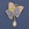 Butterfly Brooch with Purple and Pink Enamel, Pearl, Golden Metal, 52x37mm+