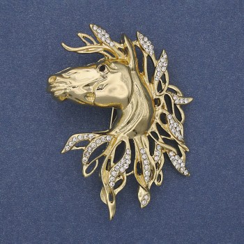 Horse Brooch-Pendant with White Crystals, Gold-Tone Metal 54×41mm+