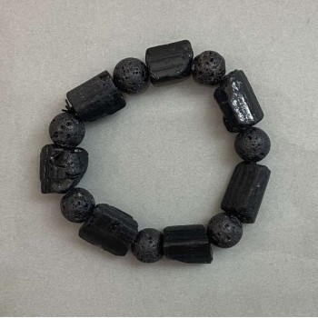 Sherl Tourmaline Bracelet, unpolished stones, faceted cut, diameter 19-27×15 mm ±, lava bead 12 mm ±, length 20 mm ±, stretch